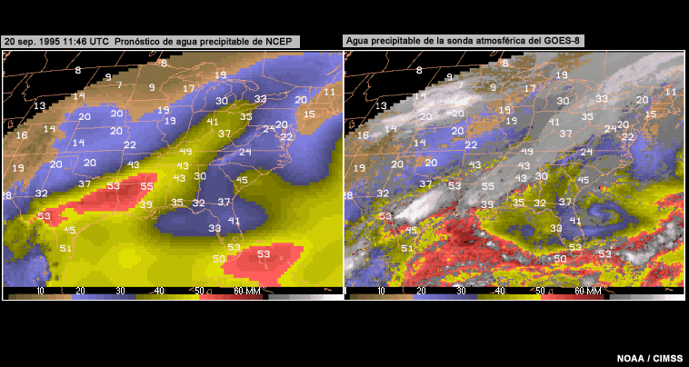 Comparación de agua precipitable del modelo NGM (izquierda) y de la sonda atmosférica del GOES-8