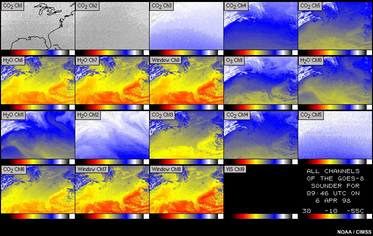 Imagery for all 19 channels of the GOES sounder, 07:46 to 14:46 UTC  6-7 April 1998