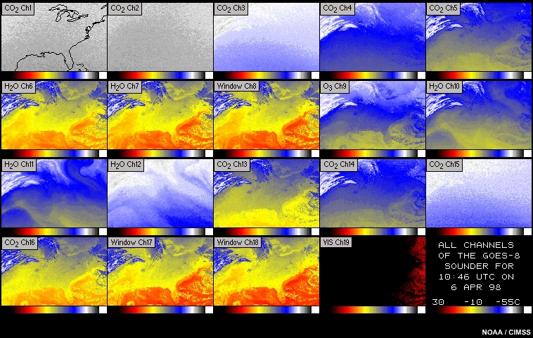 Imagery for all 19 channels of the GOES sounder, 07:46 to 14:46 UTC  6-7 April 1998