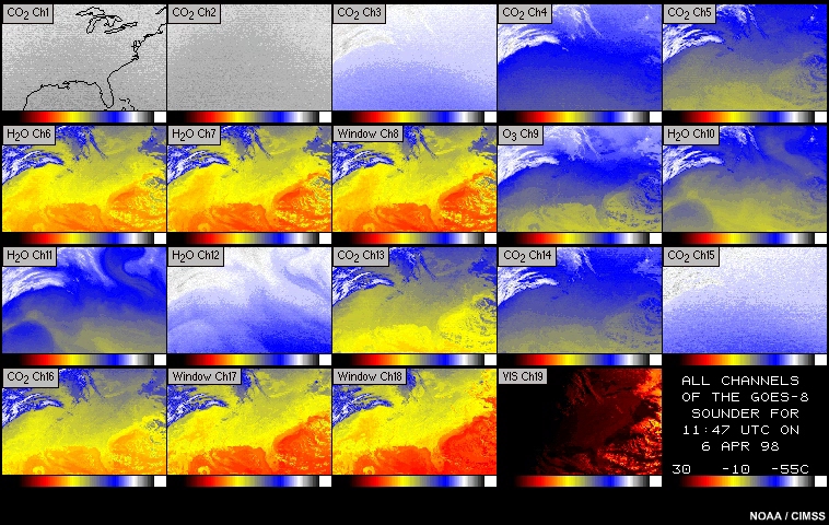 Imagery for all 19 channels of the GOES sounder, 07:46 to 14:46 UTC  6-7 April 1998