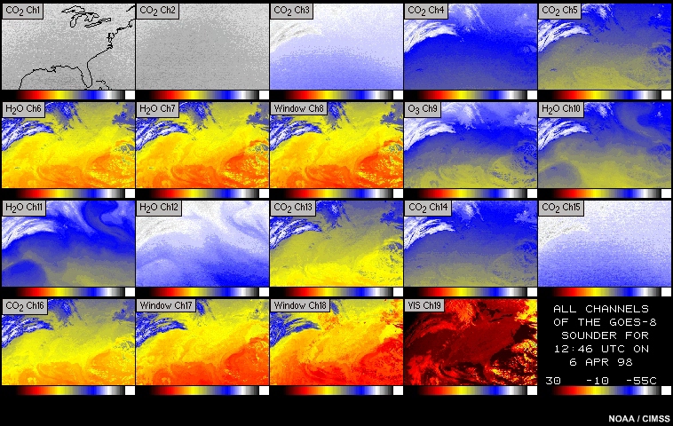 Imagery for all 19 channels of the GOES sounder, 07:46 to 14:46 UTC  6-7 April 1998