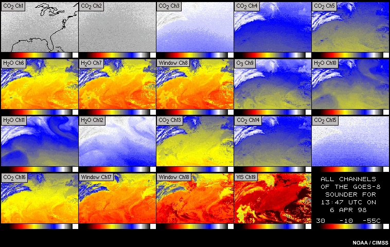 Imagery for all 19 channels of the GOES sounder, 07:46 to 14:46 UTC  6-7 April 1998