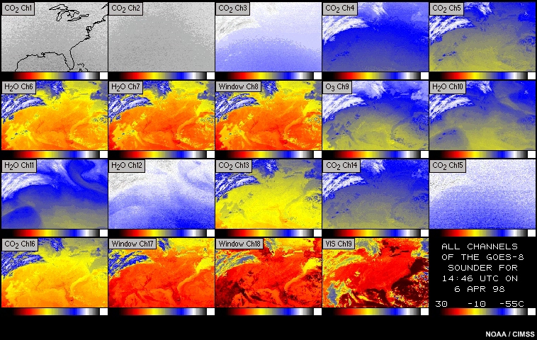 Imagery for all 19 channels of the GOES sounder, 07:46 to 14:46 UTC  6-7 April 1998