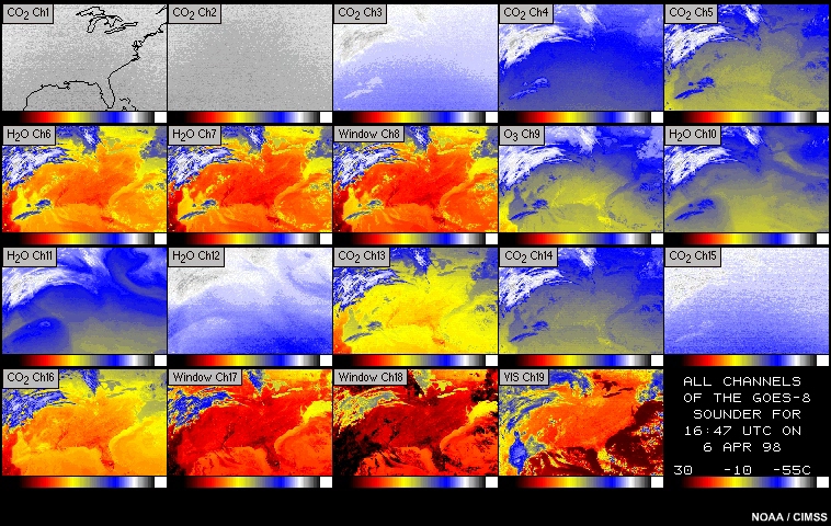 Imagery for all 19 channels of the GOES sounder, 07:46 to 14:46 UTC  6-7 April 1998