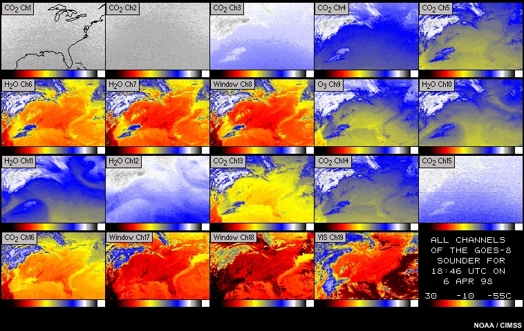 Imagery for all 19 channels of the GOES sounder, 07:46 to 14:46 UTC  6-7 April 1998