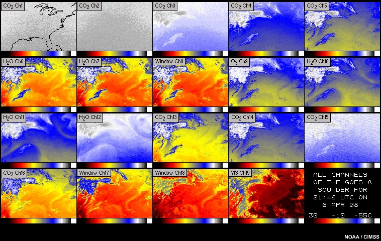 Imagery for all 19 channels of the GOES sounder, 07:46 to 14:46 UTC  6-7 April 1998