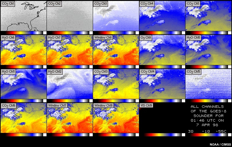 Imagery for all 19 channels of the GOES sounder, 07:46 to 14:46 UTC  6-7 April 1998