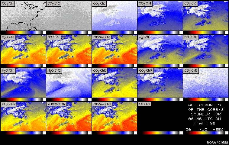 Imagery for all 19 channels of the GOES sounder, 07:46 to 14:46 UTC  6-7 April 1998