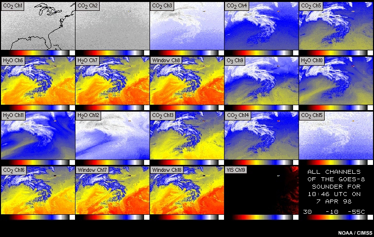 Imagery for all 19 channels of the GOES sounder, 07:46 to 14:46 UTC  6-7 April 1998