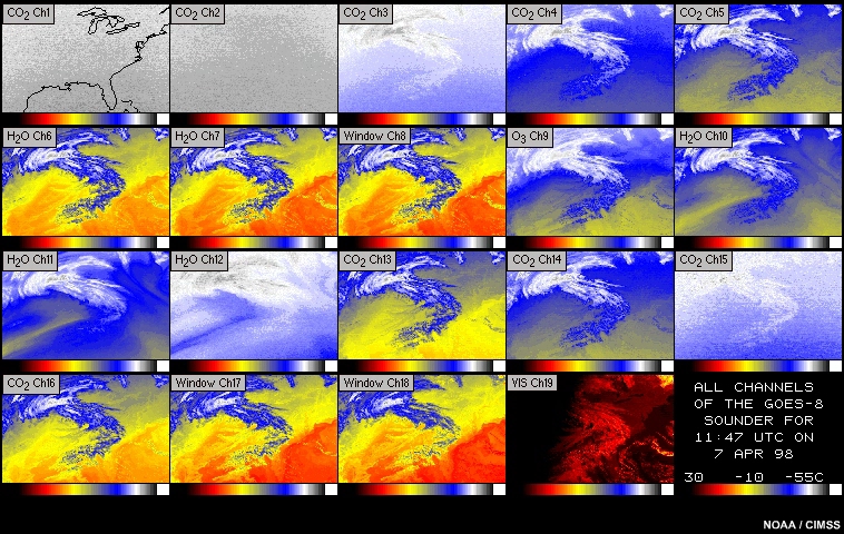 Imagery for all 19 channels of the GOES sounder, 07:46 to 14:46 UTC  6-7 April 1998