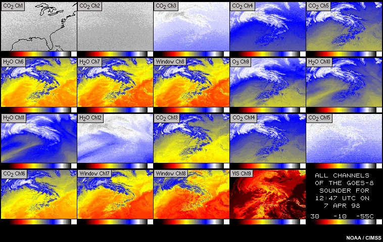 Imagery for all 19 channels of the GOES sounder, 07:46 to 14:46 UTC  6-7 April 1998