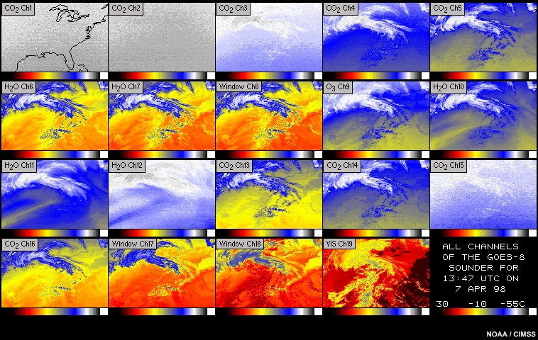 Imagery for all 19 channels of the GOES sounder, 07:46 to 14:46 UTC  6-7 April 1998