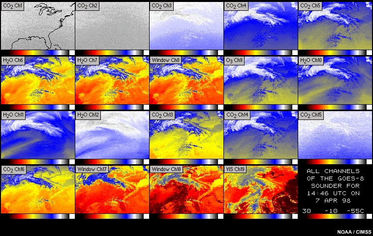 Imagery for all 19 channels of the GOES sounder, 07:46 to 14:46 UTC  6-7 April 1998