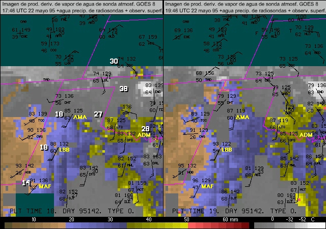 6-panel GOES-8 sounder PW DPI with overlay of RAOB PW and surface observations