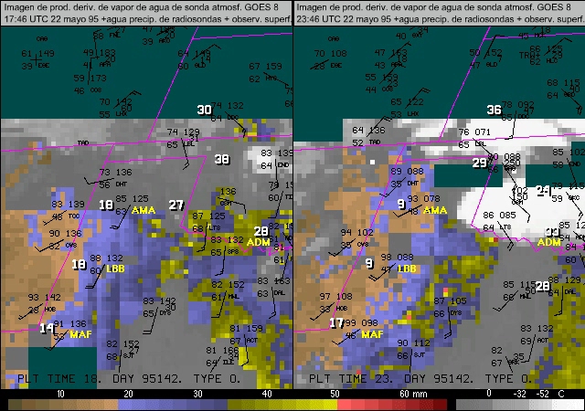 6-panel GOES-8 sounder PW DPI with overlay of RAOB PW and surface observations