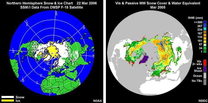 Two panel layout showing NOAA Northern Hemisphere snow and ice chart derived from SSM/I microwave data on the DMSP-15 polar-orbiting satellite, valid for 22 March, 2006 (left panel), and snow water equivalent for the Northern Hemisphere based on visible and SSM/I passive microwave data taken during March 2005 (right panel).