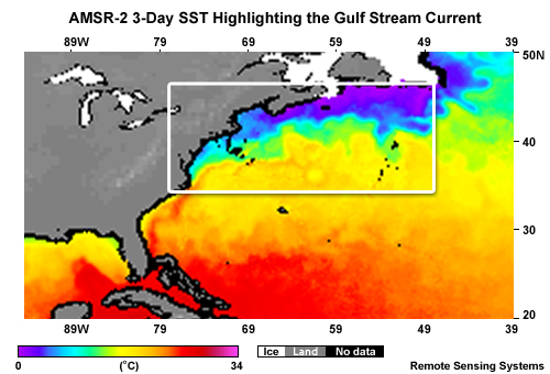 GCOM-W1 AMSR-2 3-day SST composite highlighting the Gulf Stream and strong temperature gradient along the north side of the Atlantic Ocean Gulf Stream current ending on and including February 15, 2014.