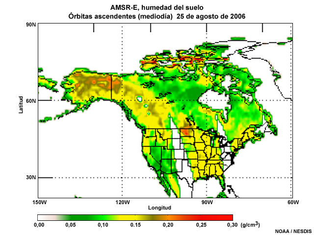 Animation of soil moisture product composite over North America from the Aqua AMSR-E microwave imager during early afternoon local time for 25, 26, and 28 August 2006.