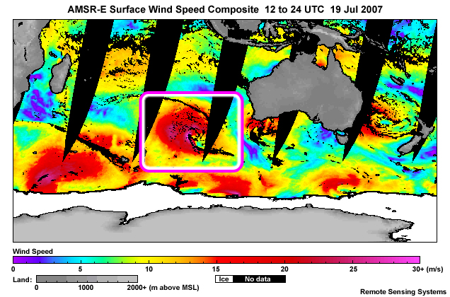 AMSR-E near ocean surface wind speed product focusing on extratropical storm system over the South Indian Ocean for orbits between 12 and 24 UTC on 19 Jul 2007 with focus on region of strong ocean surface winds.
