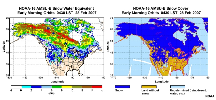 Animation showing NOAA-16 microwave AMSU-B snow water equivalent and snow cover over North America for a seven day period from 28 February to 6 March, 2007 as a snow storm crosses the northern tier of the U.S..