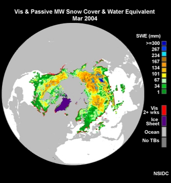Animation of monthly snow water equivalent for the Northern Hemisphere based on visible and SSM/I passive microwave data from March 2004 to March 2005.