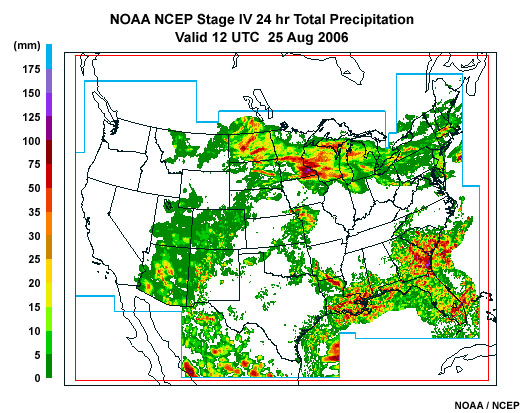 Animation of NOAA NCEP Stage IV 24-hour accumulated precipitation product made from integrated radar, rain gauge, and satellite data, valid at 12 UTC for 25 to 28 August, 2006.