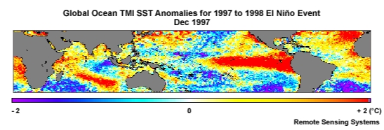 Animation of global ocean TMI monthly SST anomalies for December 1997 to June 1998 during an El Nino event.