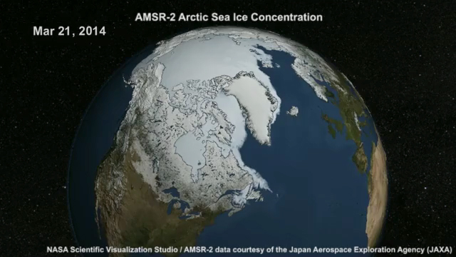 Animation of AMSR-2 daily sea ice cover and concentratio product over the Northern Hemisphere from 21 March to 3 August, 2014.