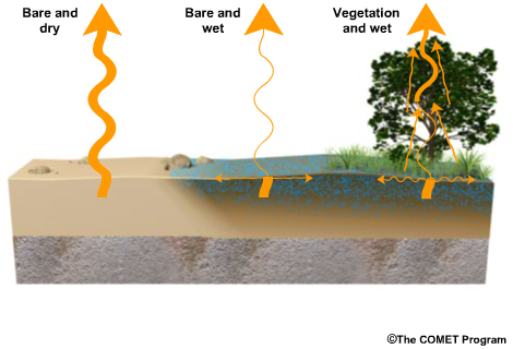 Animation of microwave radiation emitted from three different land surface types including, bare ground, wet ground, and wet ground with complex terrain and vegetation.