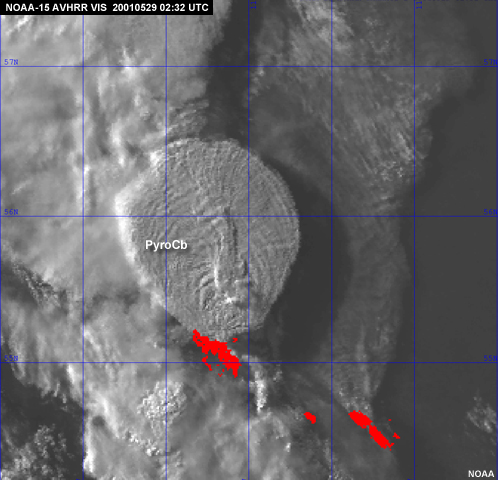 NOAA AVHRR image of Chisholm (Alberta) PyroCb, 29 May 2001