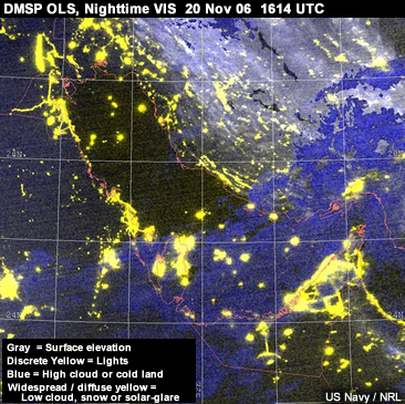 Gas Flares and City Lights over the Persian Gulf, DMSP OLS, 20 Nov 2006 1614 UTC