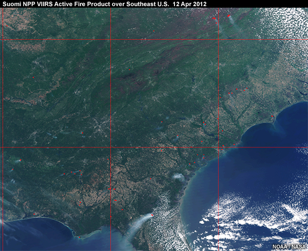 Suomi NPP VIIRS Active Fire Product over Southeast U.S. 12 Apr 2012