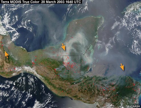Terra MODIS 20 March 2003 1640 UTC, fires and smoke in Yucatan Peninsula