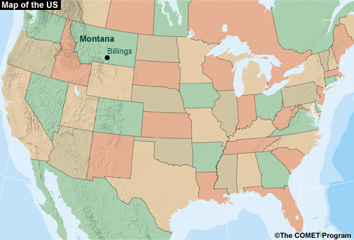 Map of US pointing out Billings, Montana