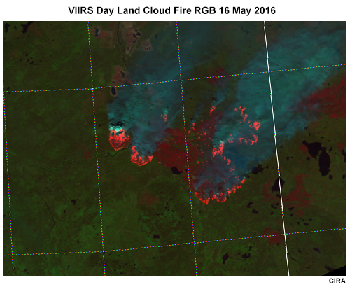 Day Land Cloud Fire RGB from S-NPP VIIRS, 1942 UTC, 16 May 2016. This "natural fire color" RGB combines the 0.64 micrometer for smoke, 0.86 micrometer channel for vegetation and burn scars, and the 3.7 micrometer channel for active fire hot spots. The image shows the active fire areas as well as the smoke plumes for the spring 2016 fires affecting Fort McMurray in Canada.