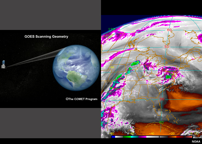 2-panel graphic showing how water vapor image brightness temperatures becomes progressively colder toward the edge of the disk once the scan angle is greater than 60 degrees