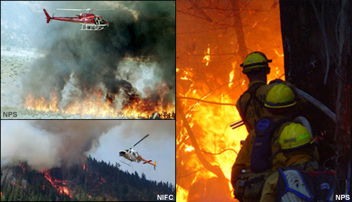Photographs of fire fighters at a fire and a helicopter approaching a fire