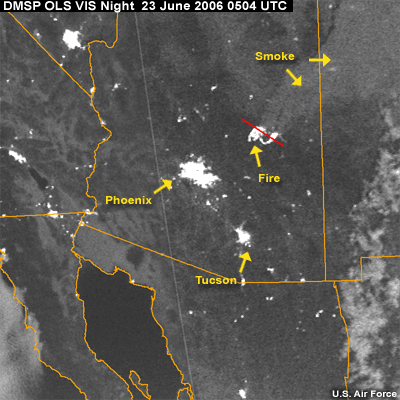 DMSP OLS VIS 23 June 06 over Rodeo-Chedeski fire