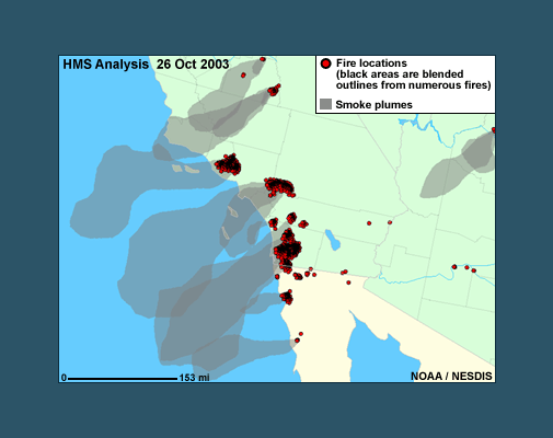 HMS analysis showing fire locations, burned regions, and smoke plumes over southern California on 26 Oct 2003