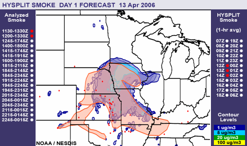 HYSPLIT Smoke - Day 1 Forecast, 13 April 2006