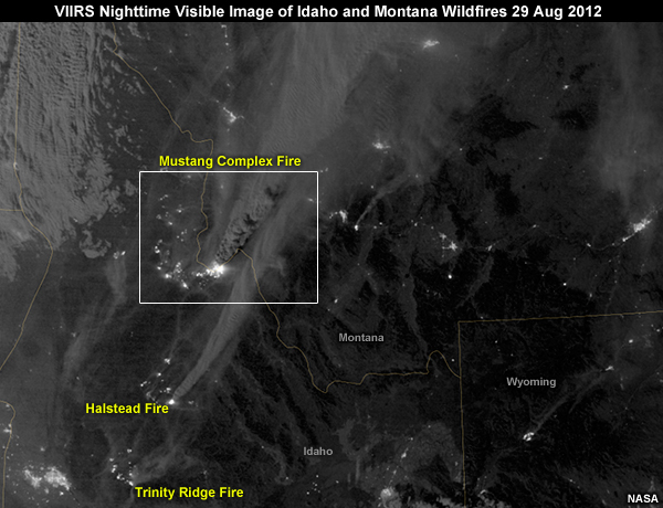 VIIRS Nighttime Visible Image of Idaho and Montana Wildfires 29 Aug 2012