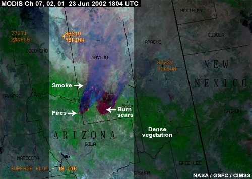 MODIS False Color Image, Ch 7, 2, 1, 23 June 2002 1804 UTC