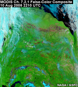 MODIS False Color 7/2/1 from 10 August 2005 2210 UTC