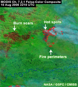 MODIS False Color 7/2/1 from10 August 2005 2210 UTC, zoomed view to highlight perimeters, hotspots, and burn scars