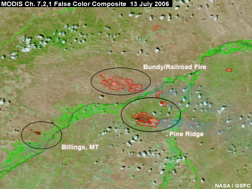 MODIS false color image showing Bundy Railroad and Pine Ridge fires and Billings MT, 13 July 2006