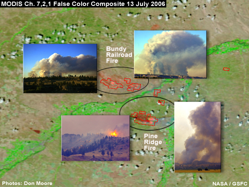 MODIS false color image showing Bundy Railroad and Pine Ridge fires and Billings MT, 13 July 2006