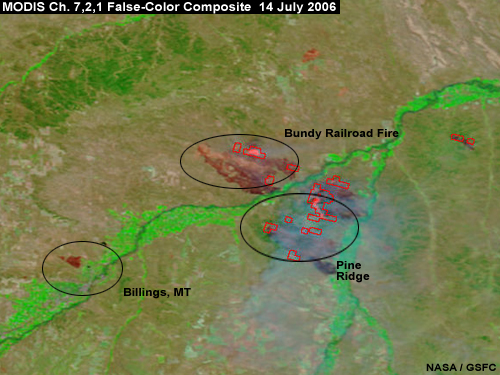 MODIS false color image showing Bundy Railroad and Pine Ridge fires and Billings MT, 14 July 2006