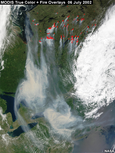 MODIS True Color Image with fire overlays, 06 July 2002