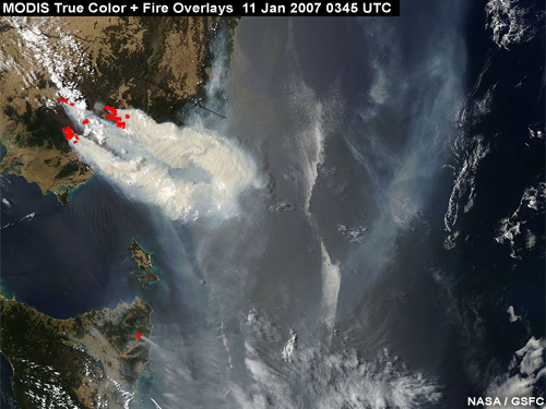 MODIS True Color of fires and smoke in SE Australia, 11 Jan 2007 0345 UTC