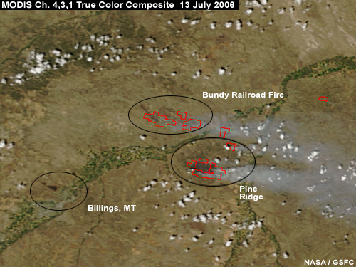 MODIS true color image showing Bundy Railroad and Pine Ridge fires and Billings MT, 13 July 2006